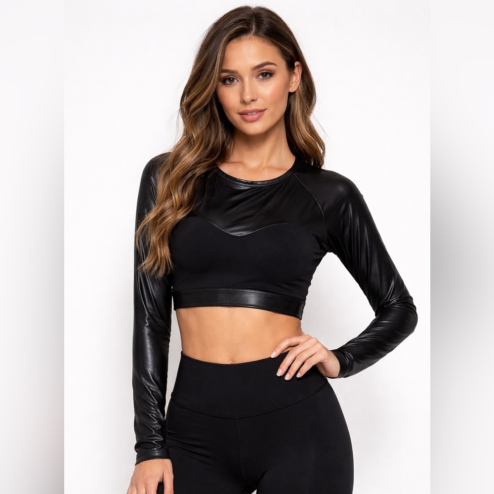Black Faux-Leather Crop Long Sleeve Top - Women